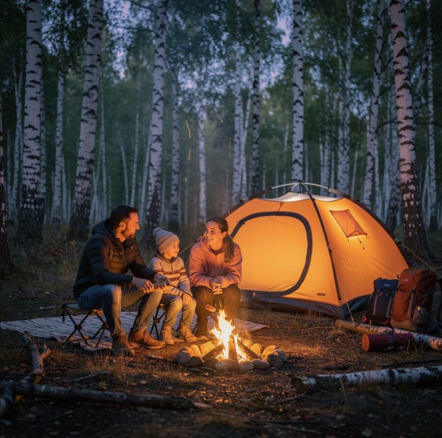 Уютная сцена в походе на выходные в сумерках в русском березовом лесу