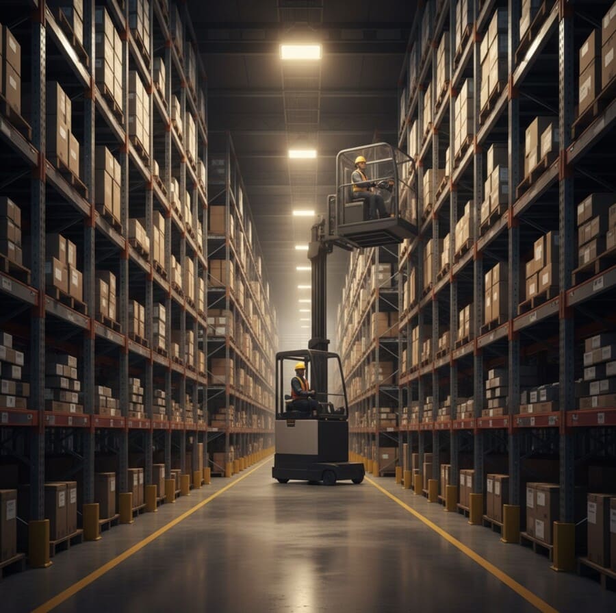 Вид изнутри высотного склада, узкий коридор между металлическими стеллажами высотой около 10 метров