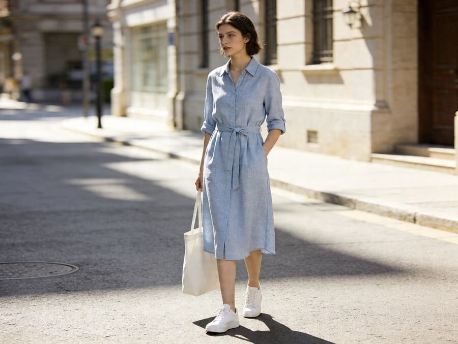 Женщина в платье-рубашке