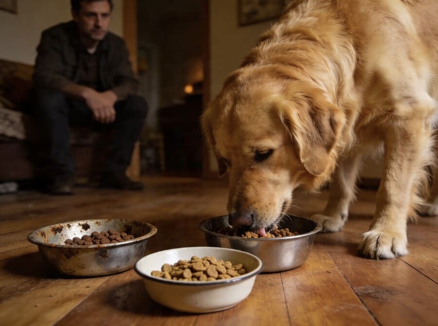 Золотистый ретривер ест из миски на деревянном полу