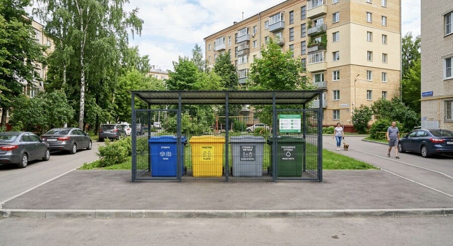 Аккуратная контейнерная площадка во дворе жилого многоквартирного дома
