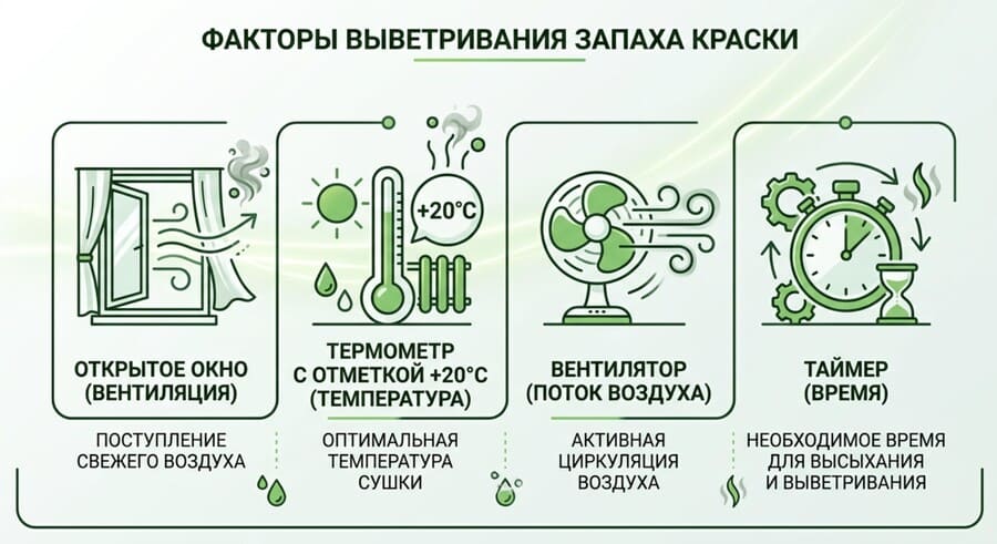 четыре иконки в ряд, показывающие факторы выветривания запаха краски