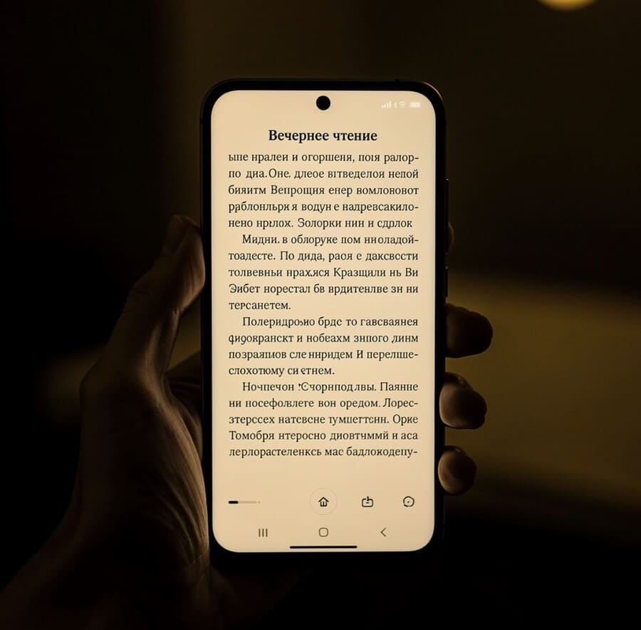 Крупный план руки, держащей современный смартфон Xiaomi с AMOLED-экраном в тёмной комнате