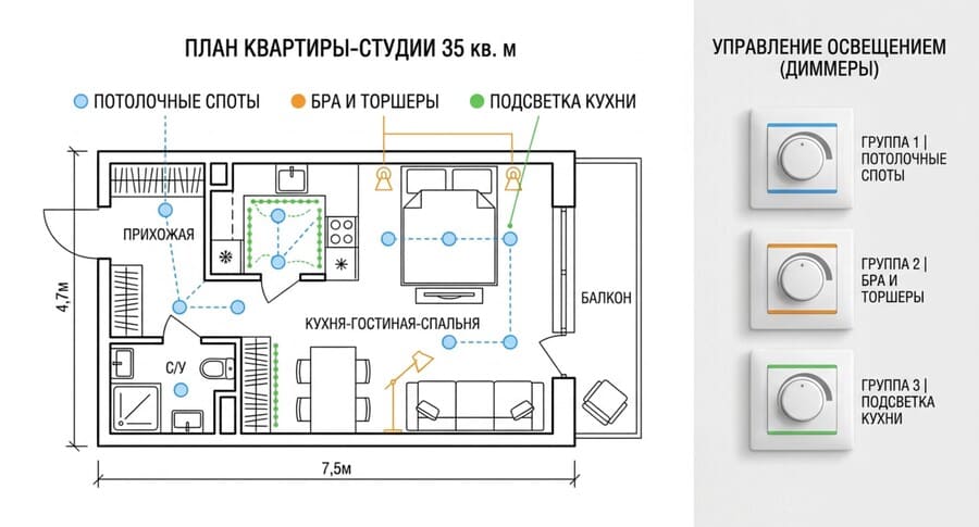 план небольшой квартиры-студии 35 кв. м с обозначением трёх групп освещения