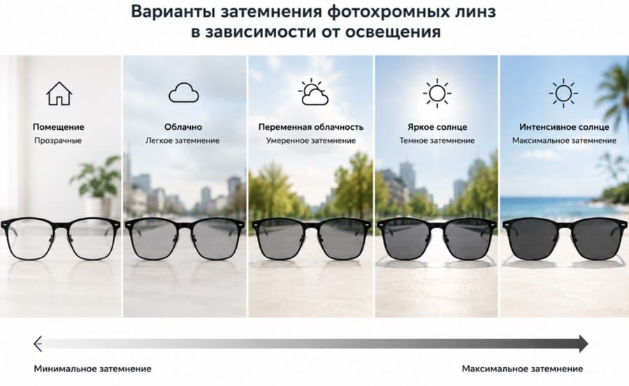 Варианты затемнения фотохромных линз в зависимости от освещения