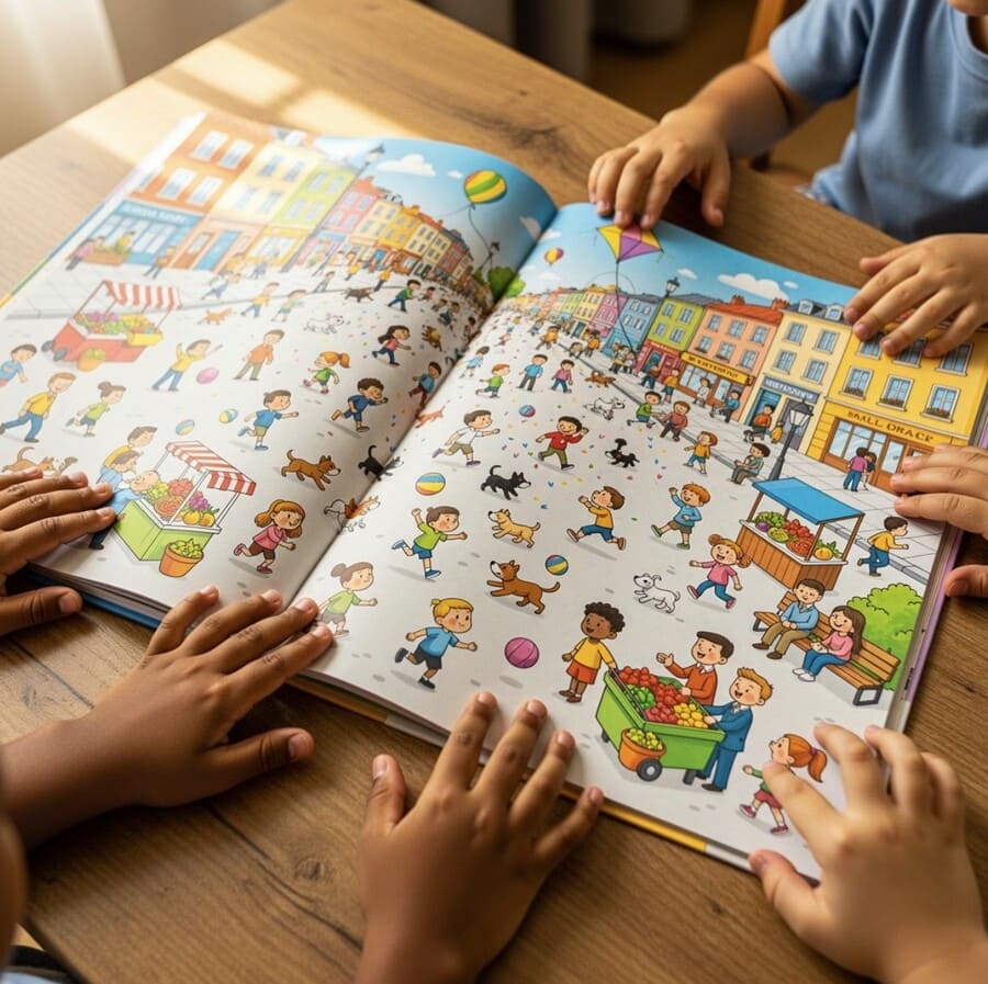 Большая яркая детская книга открытой разворотом на столе