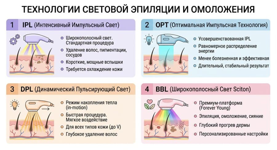 четыре блока IPL, OPT, DPL, BBL с иконками световых волн и кожи