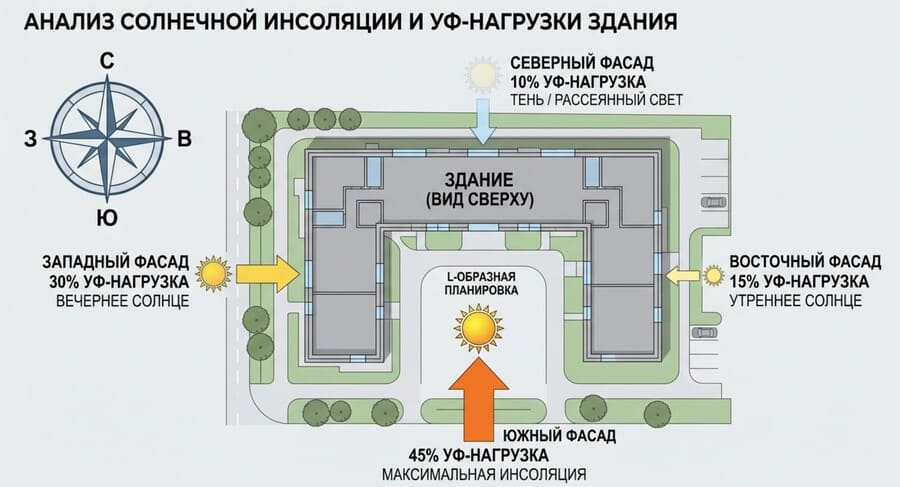 схема здания сверху с обозначением сторон света