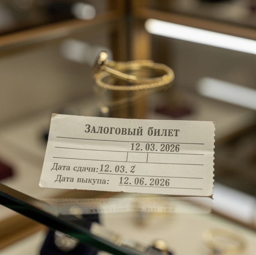 ювелирное золотое украшение лежит в стеклянной витрине ломбарда