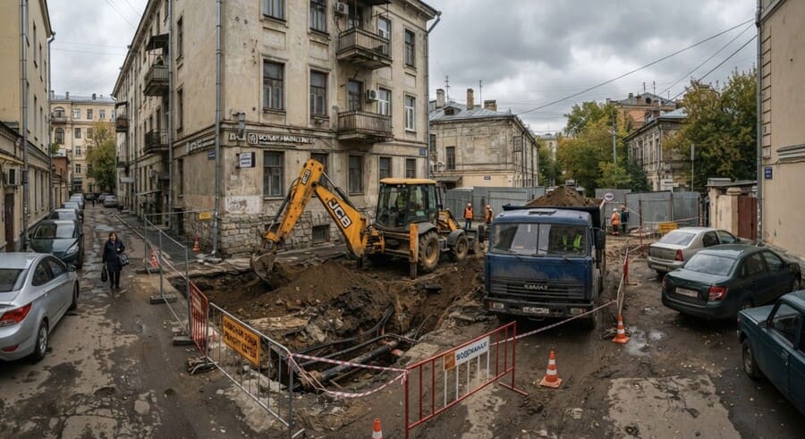 Экскаватор работает в узком дворе жилого квартала в историческом центре Москвы